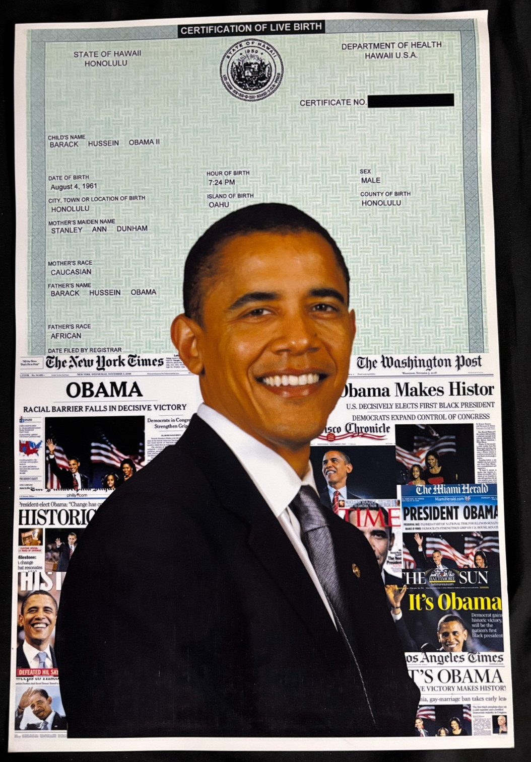 OBAMA Birth Certificate poster 2009 12″x18″ Ships Flat Suitable for framing