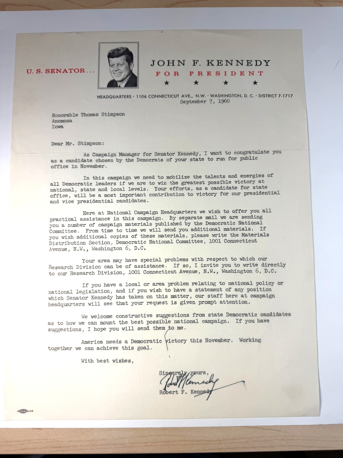 JFK John F Kennedy 1960 Presidential Campaign Letter “Signed” by Robert Kennedy