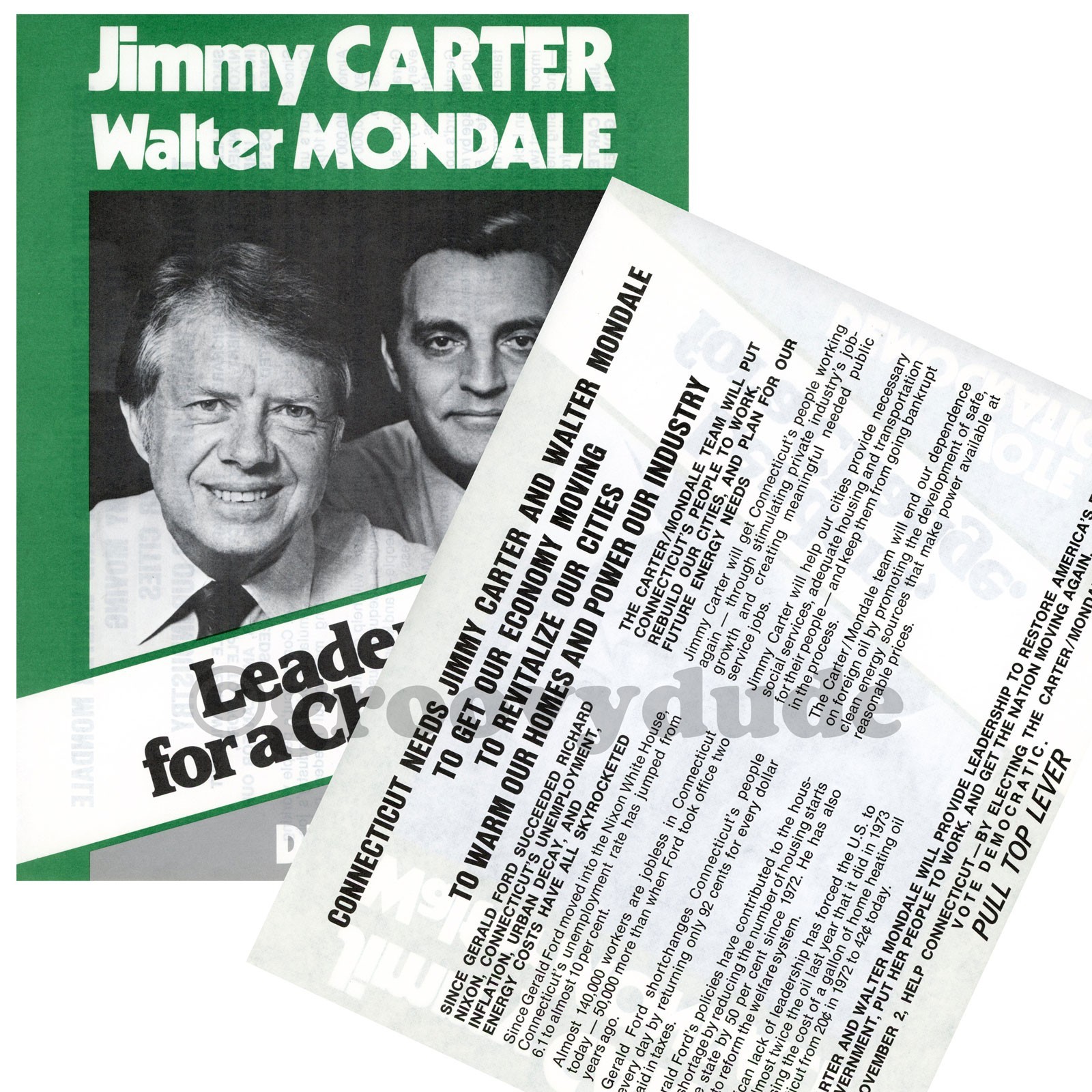 1976 Connecticut Carter President Mondale Leaders for a Change Campaign Flyer