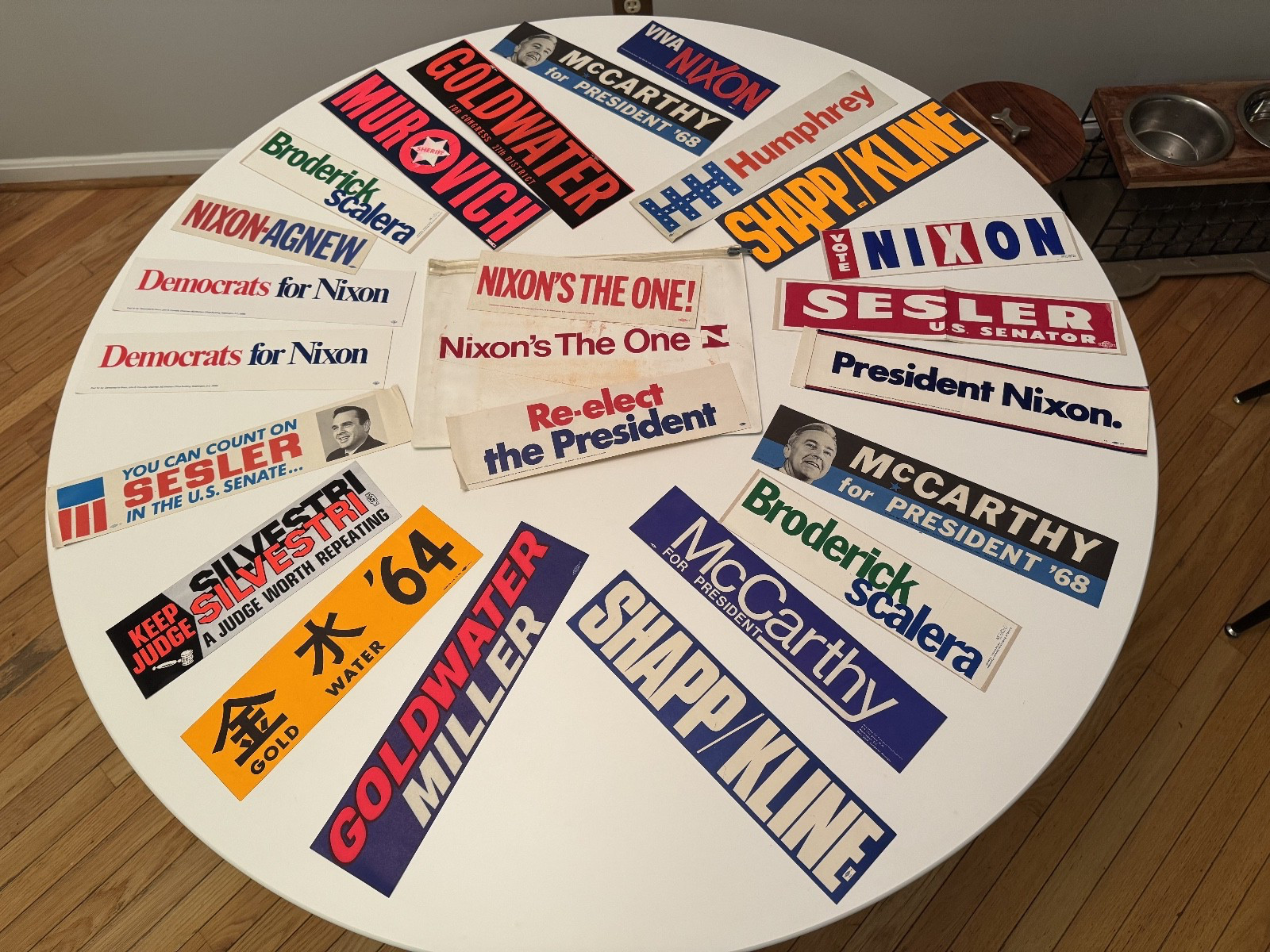 More Than 80 Vintage Political Bumper Stickers ca. 1964-76 + Nixon ’68 Briefcase