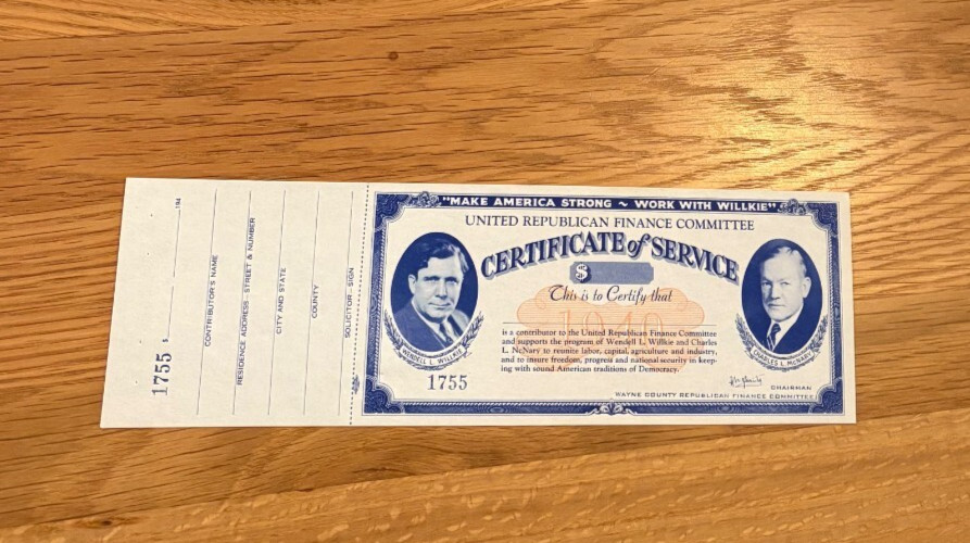 1940s Wayne County Republican Finance Committee Certificate of Service Unmarked