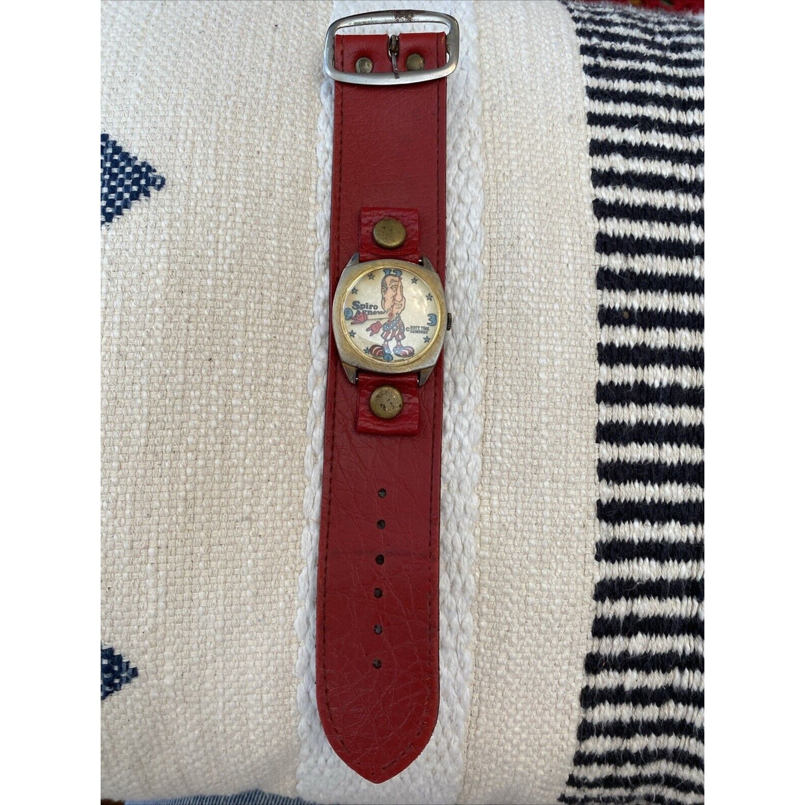 VINTAGE Spiro Agnew Watch “Dirty Time Company” Swiss Made WIDE Red BAND