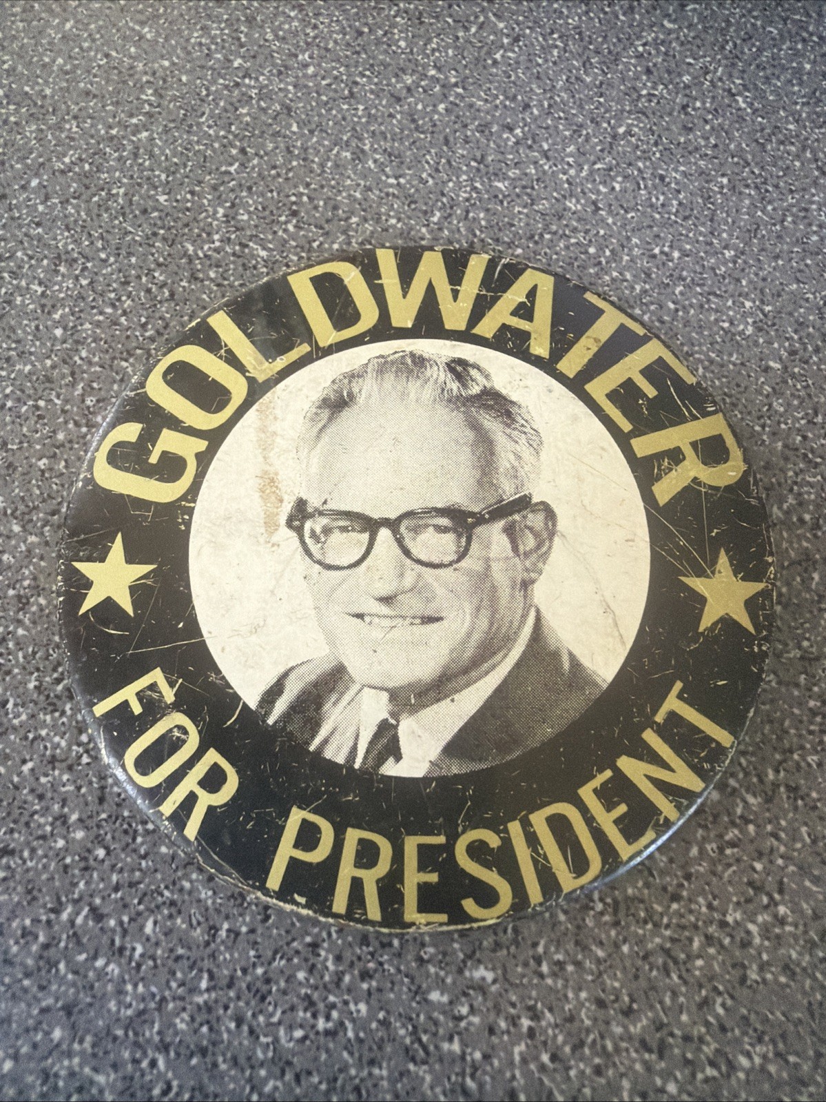 1964 Barry Goldwater 3″ “Goldwater for President” Button Gold & Black Pinback