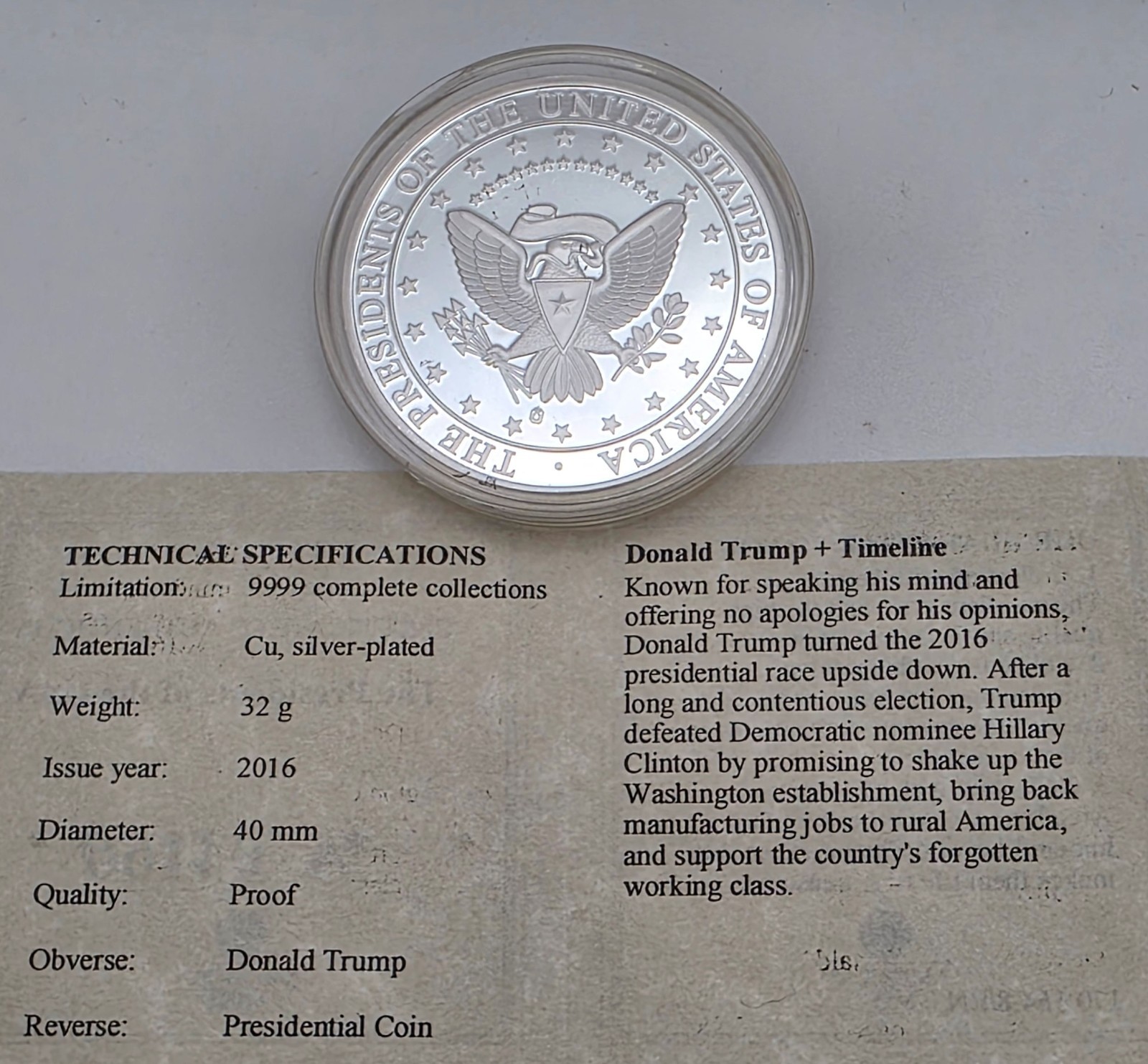 Donald Trump + Timeline Commemorative Coin 2016 Silver Plated