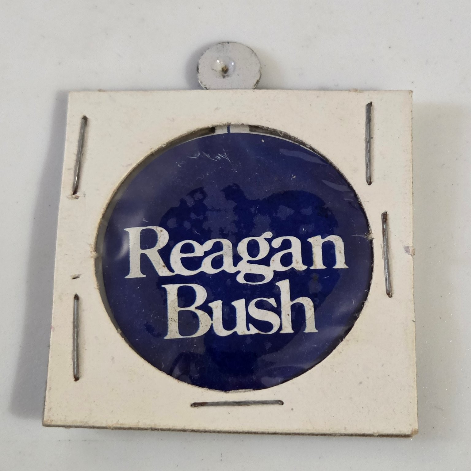 Reagan Bush Political Campaign Pin Button Blue White Vintage 1980s 1.5″