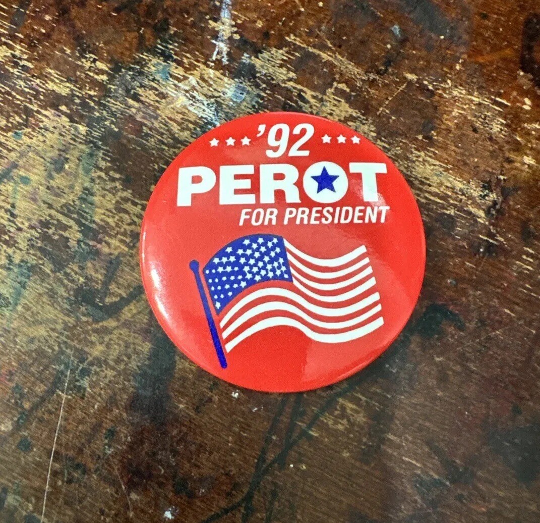 1992 Metal Litho 2” Pinback Campaign Pin Badge Perot For President Red