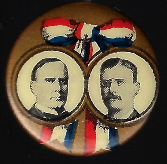1900 William McKinley Teddy Roosevelt Jugate Prez Campaign Pin with Ribbon Bow