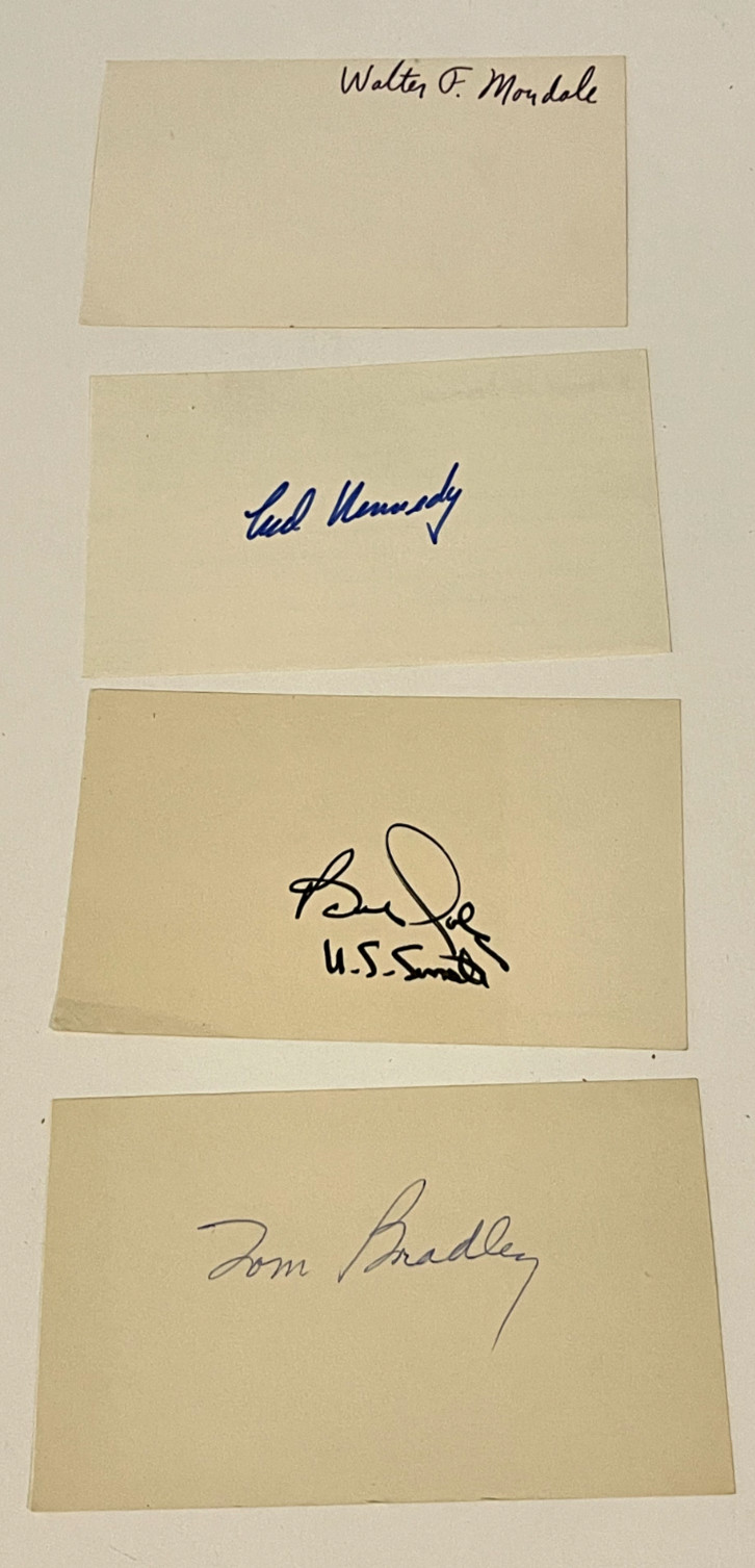 GROUP OF 4 POLITICAL AUTOGRAPHS WALTER MONDALE TED KENNEDY BOB DOLE TOM BRADLEY