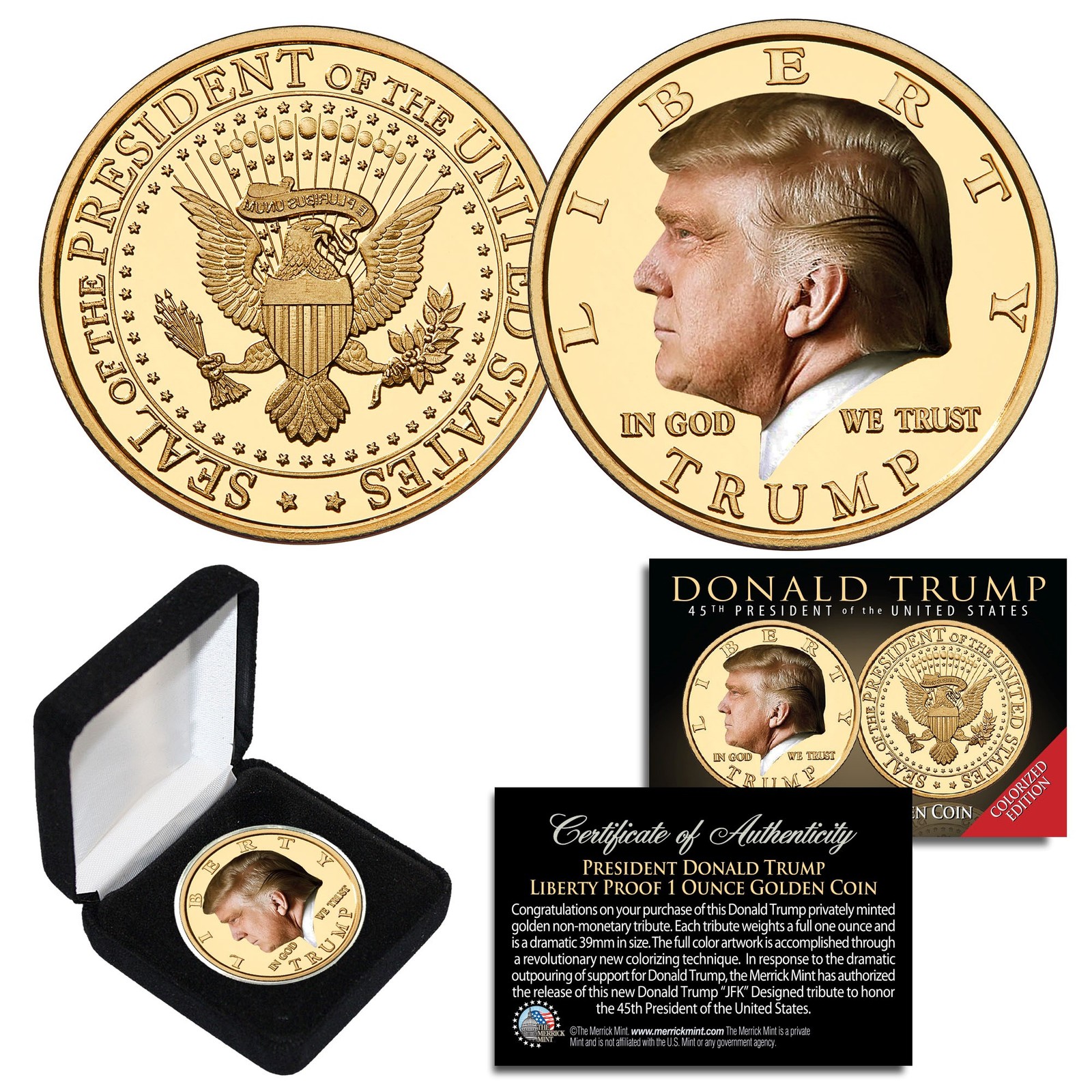 Donald Trump 45th President Color Liberty Proof 1oz Golden Medallion Coin w/ BOX