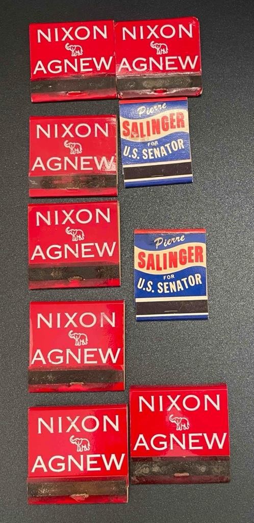Lot 9 Vintage1968 Nixon / Agnew Matchbooks & Pierre Salinger Campaign Give Away