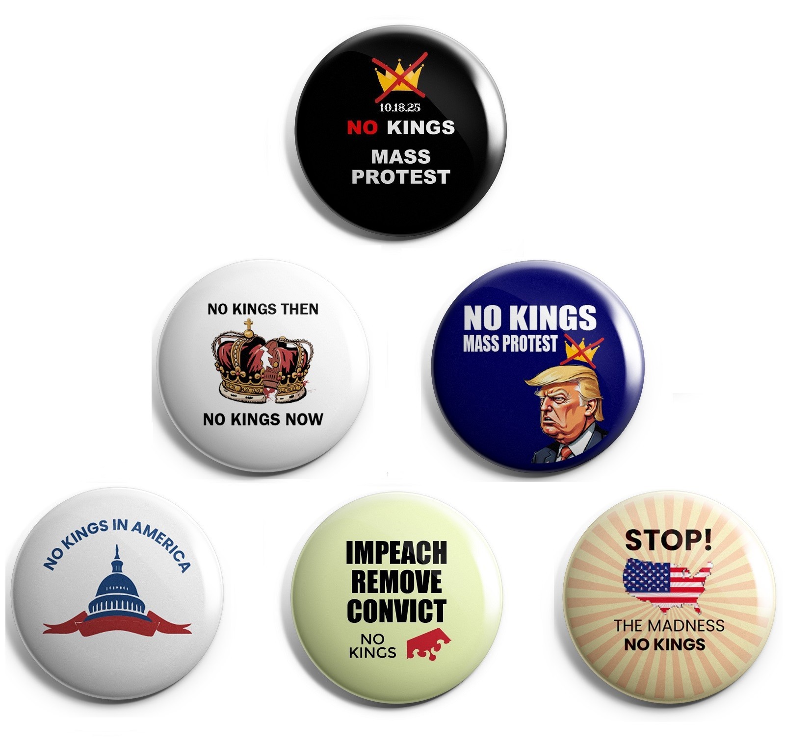 No Kings Variety Pack 2-1/4″ buttons Best Seller 30-Pack (NOKINGS-ORIG)