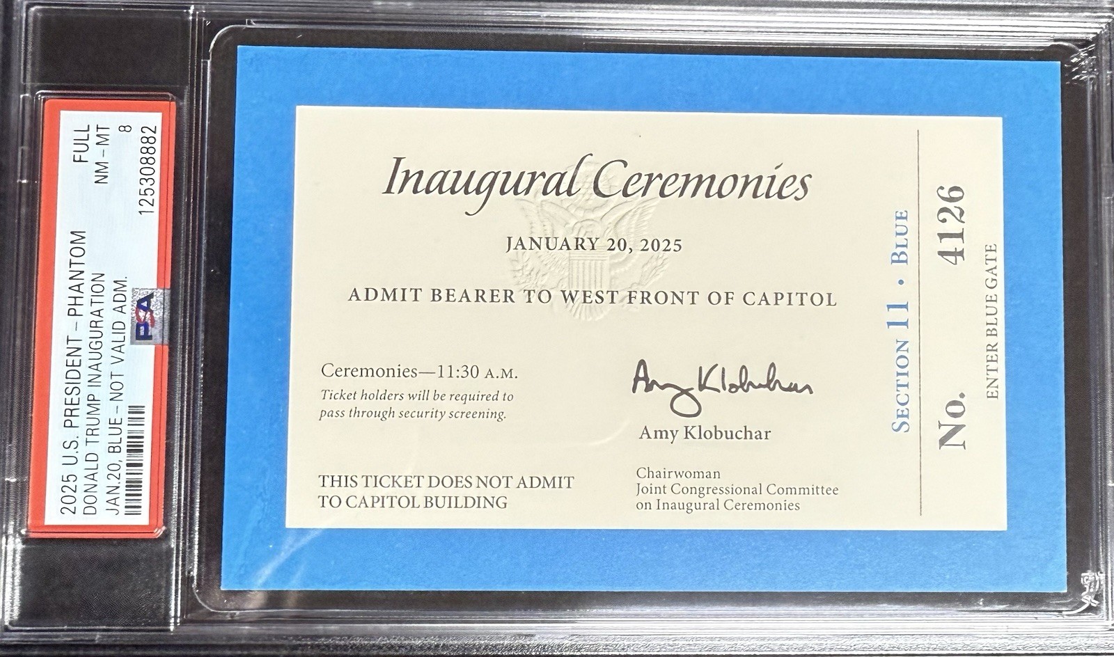 2025 US President Phantom Ticket Donald Trump Inauguration BLUE PSA 8 NM-MT