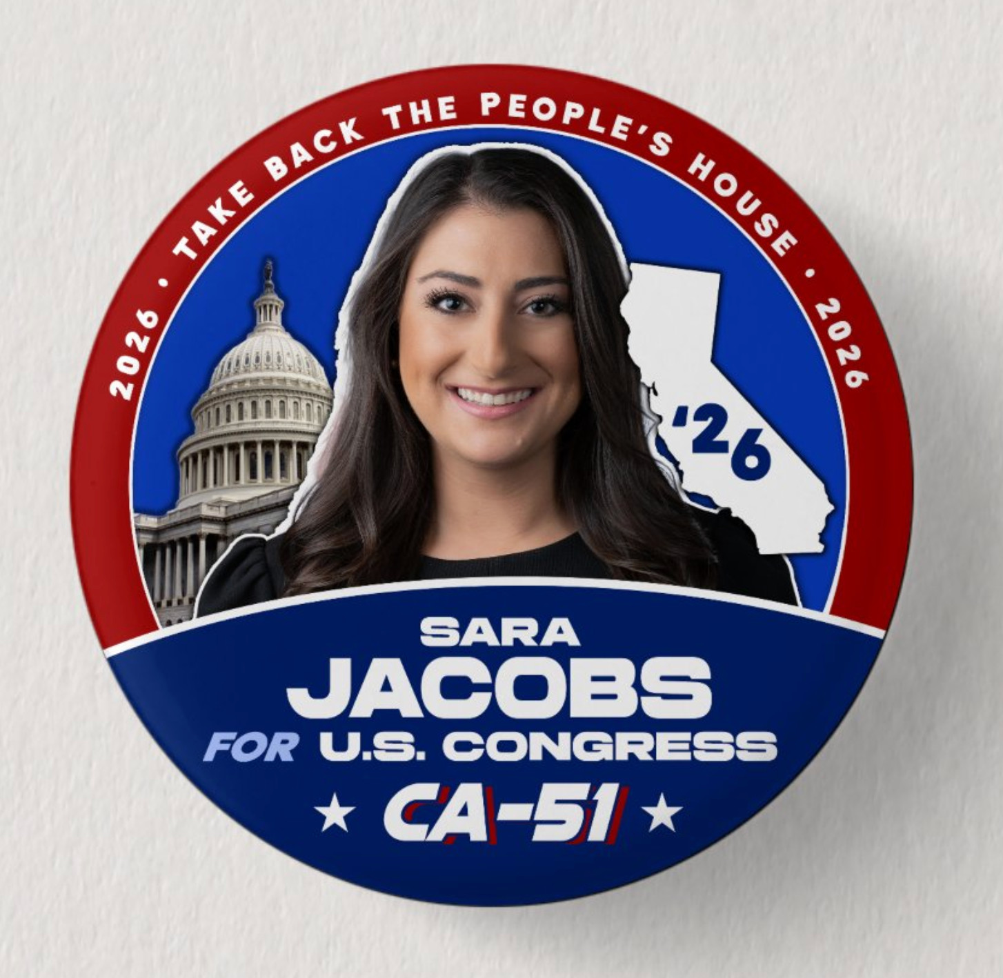 SARA JACOBS Congress 2026 Pin Button Political Democrat California Midterms
