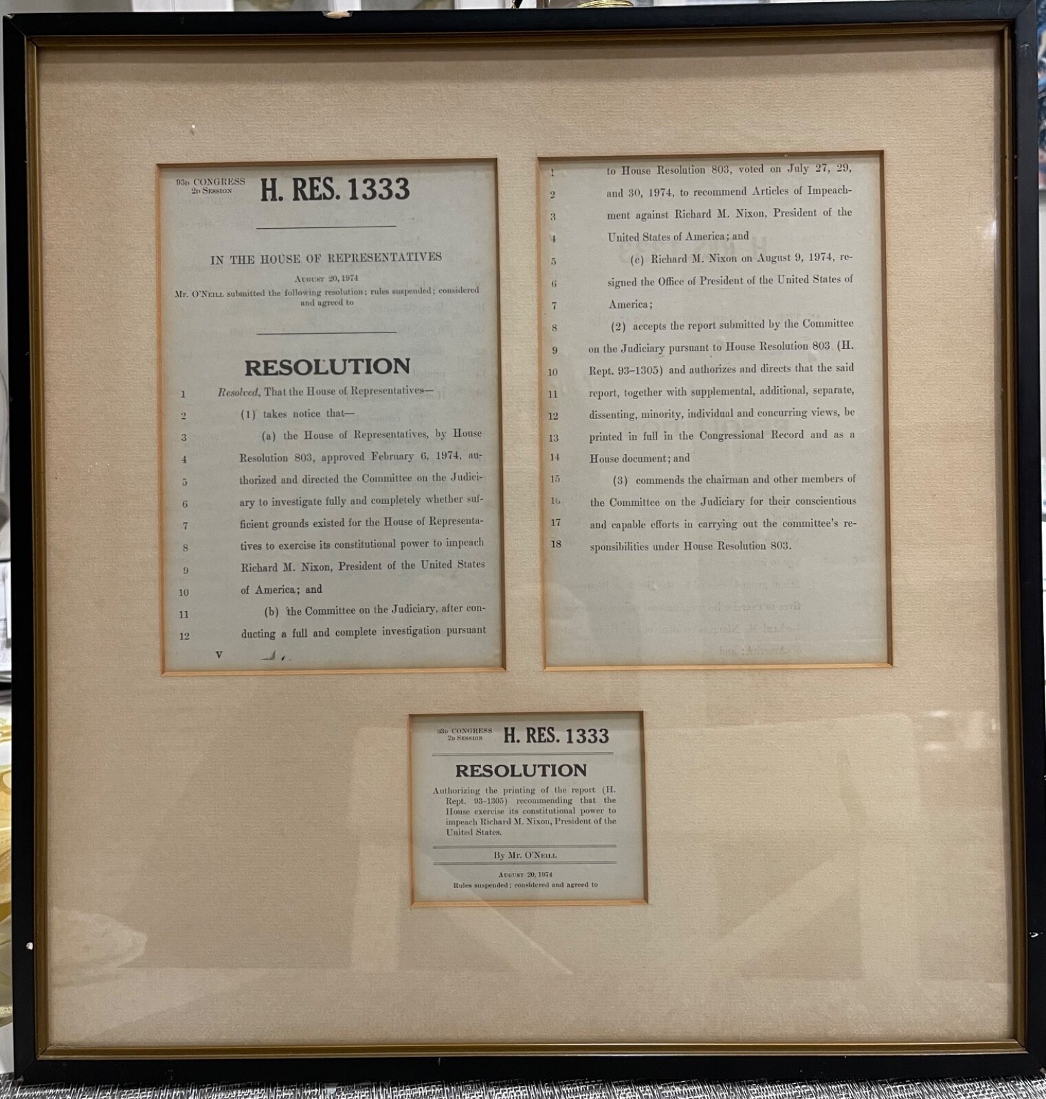 Framed Copy H.Res. 1333 President Nixon Impeachment