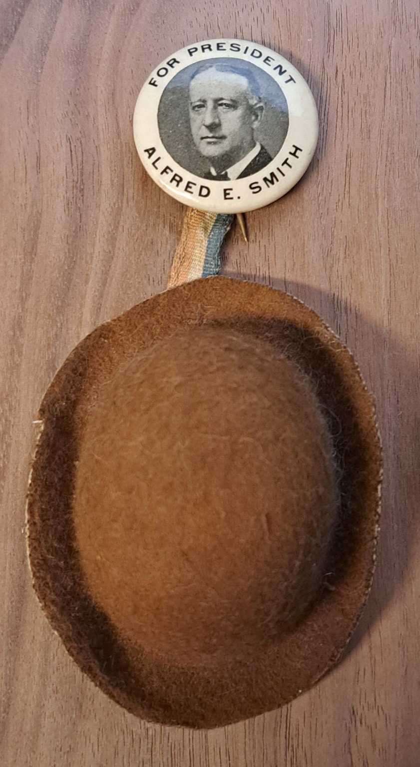 RARE 1928 Al Smith For President Campaign Pinback Button Brown Felt Derby Hat