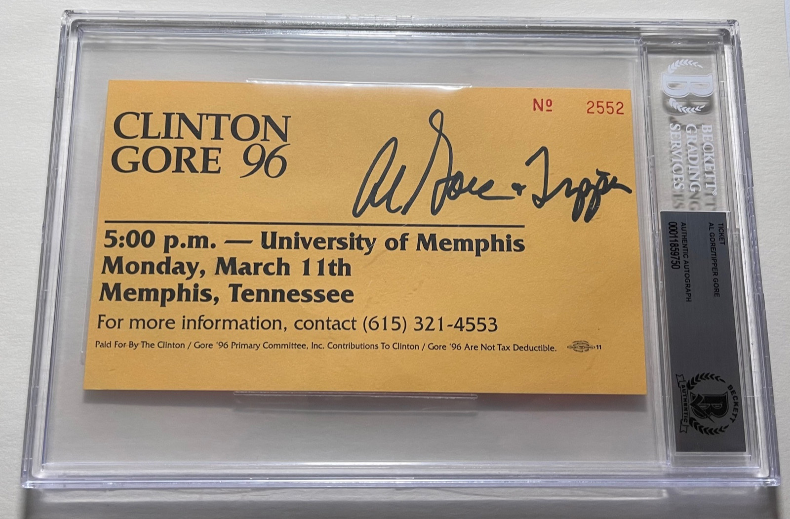 AL GORE & TIPPER GORE SIGNED AUTOGRAPH CLINTON 96 EVENT TICKET BECKETT CERTIFIED