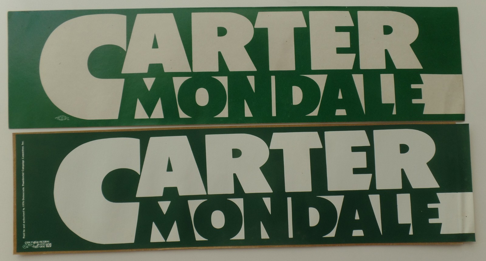 2-Different (Barely) 1976 Jimmy Carter Mondale Prez Campaign Bumper Stickers