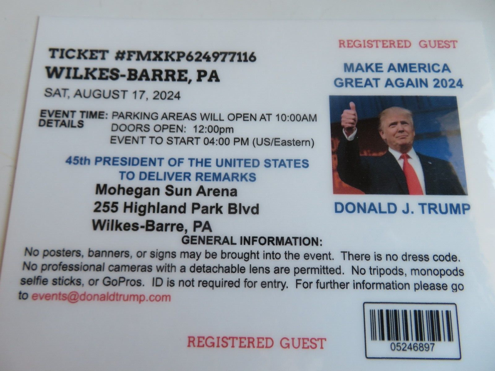DONALD TRUMP, 2024 MAGA RALLY. WILKES-BARRE, PA 08-17- 2024, REGISTERED TICKET