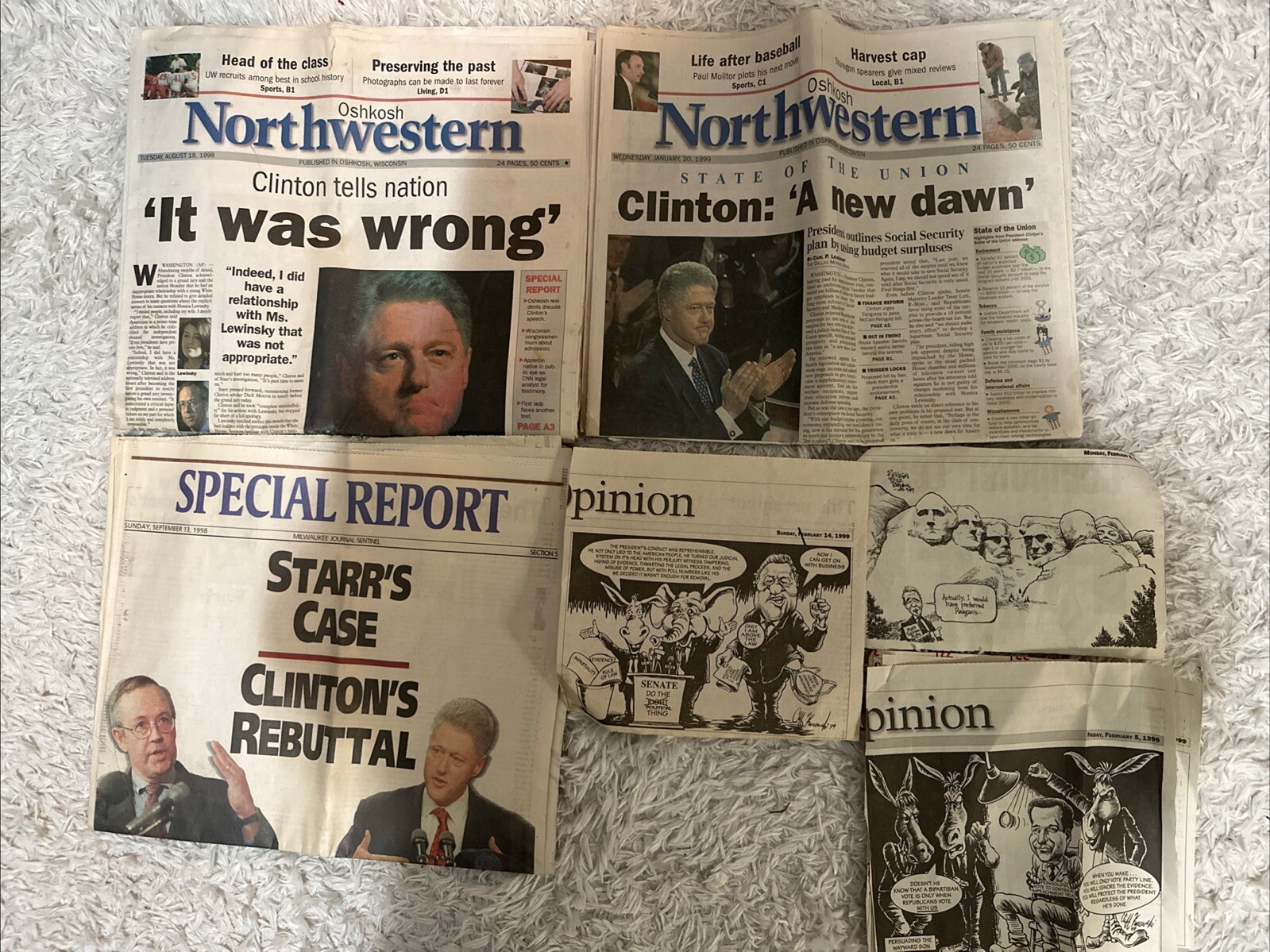 Lot Of 3 BILL CLINTON Newspaper Scandal 1998, 1999 Newspapers & 3 Comic Strips