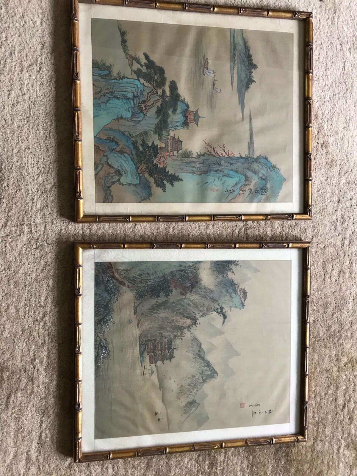 19th Century Pair of Antique Chinese Ink on Silk Paintings in Frames 16.5″x14.5″