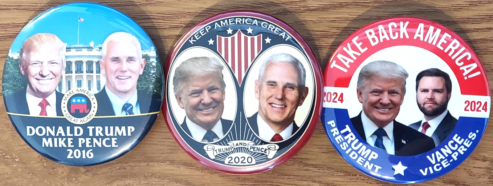 President Donald Trump 3 Campaign Buttons w/ 2016 2020 2024 VP’s Pence & Vance