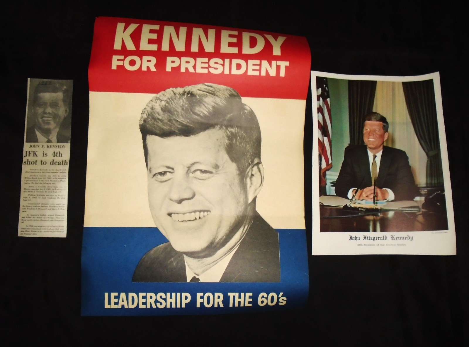 AUTHENTIC 1960 JOHN F KENNEDY CAMPAIGN POSTER “LEADERSHIP FOR THE 60’s” + EXTRAS
