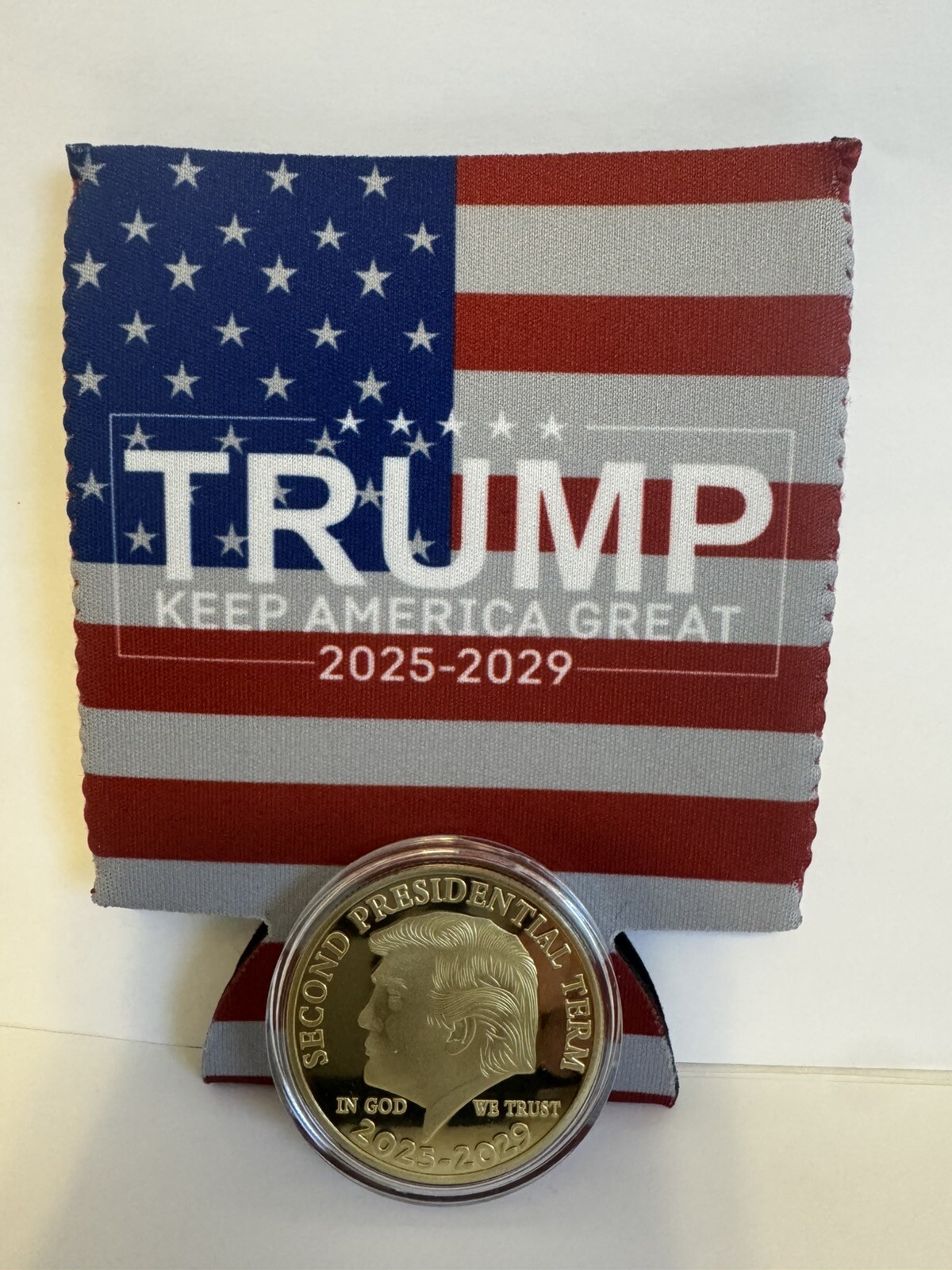 Trump Coin & Koozie Second Term 2025-2029 President Donald Trump- FREE SHIPPING