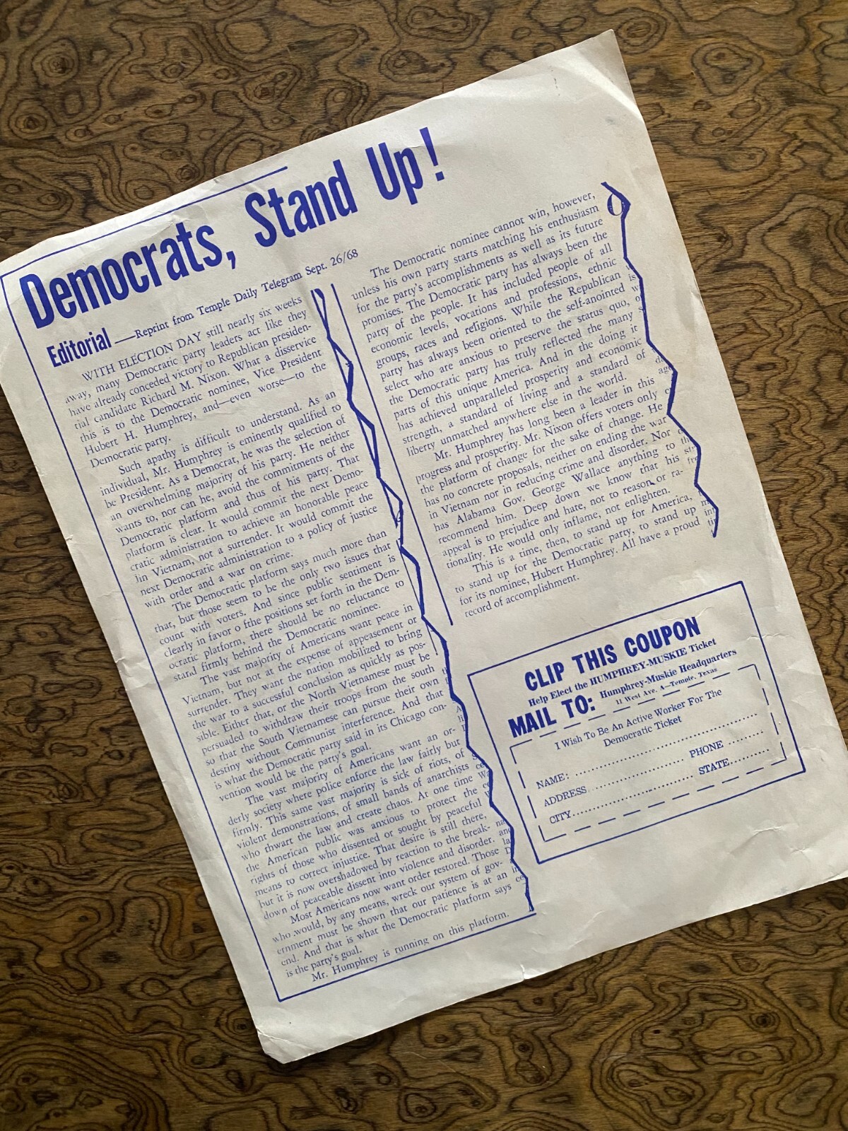 Democrats, Stand Up! Humphrey-Muskie Campaign Flyer 1968