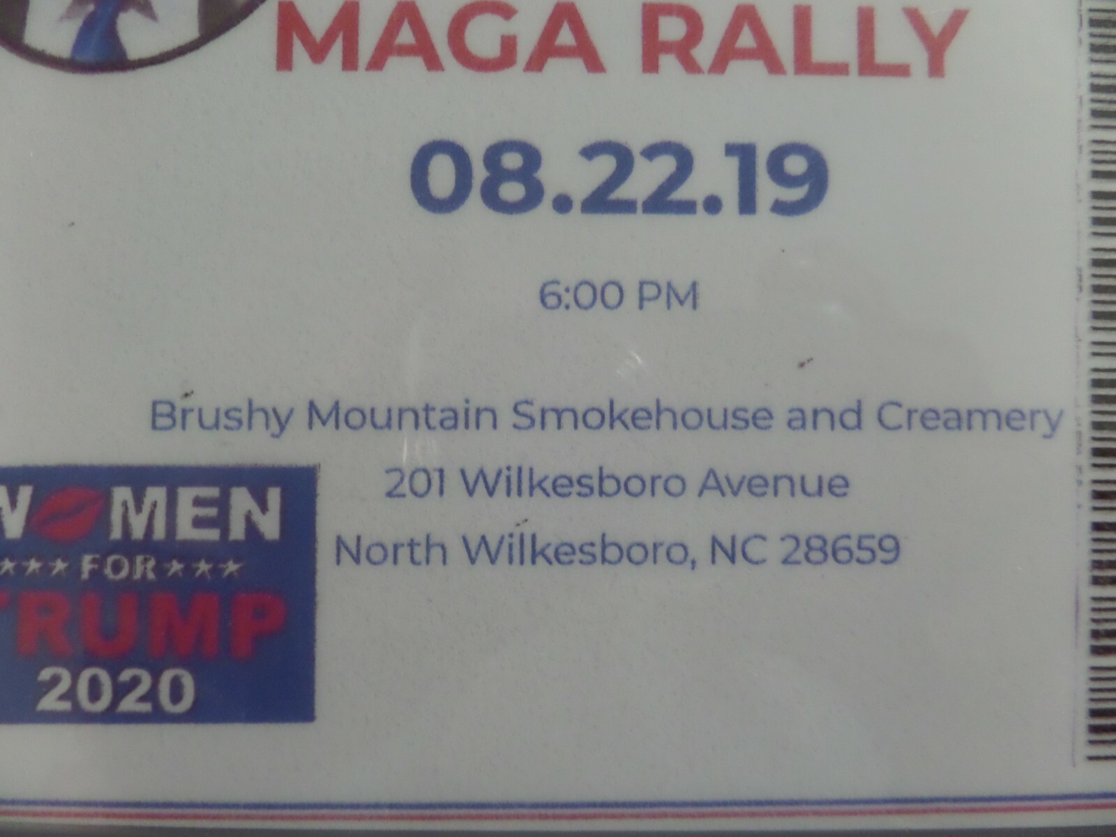 DONALD TRUMP-” MAGA RALLY” 8-22-2019, NORTH WILKESBORO, NO. CAROLINA, TICKET+ BS