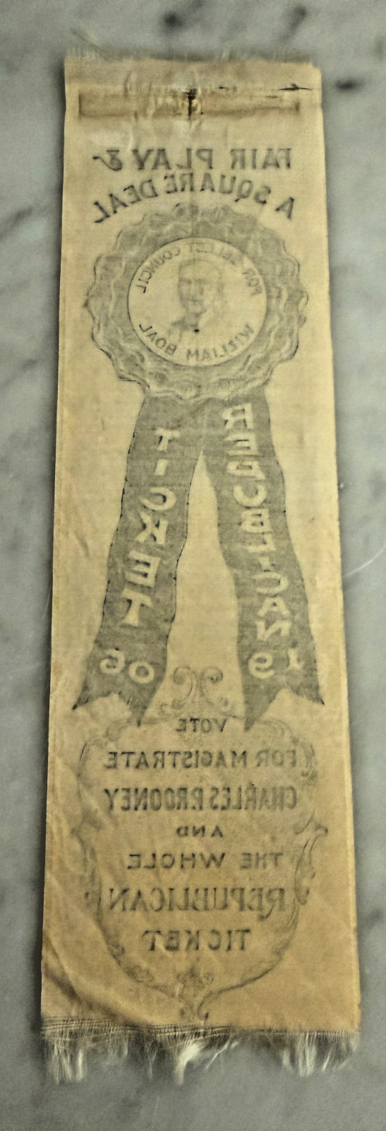 1906 Republican Campaign Ribbon – William Boal Charles Rooney Political Silk