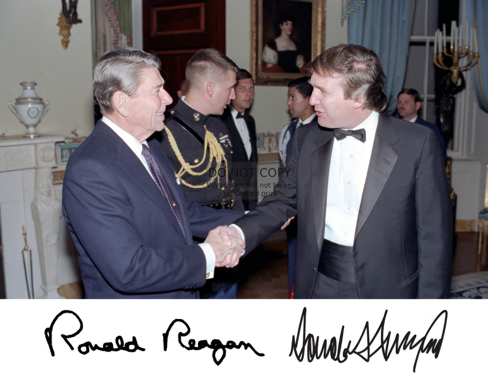PRESIDENT DONALD TRUMP & RONALD REAGAN SHAKING HANDS AUTOGRAPHED 11X14 PHOTO