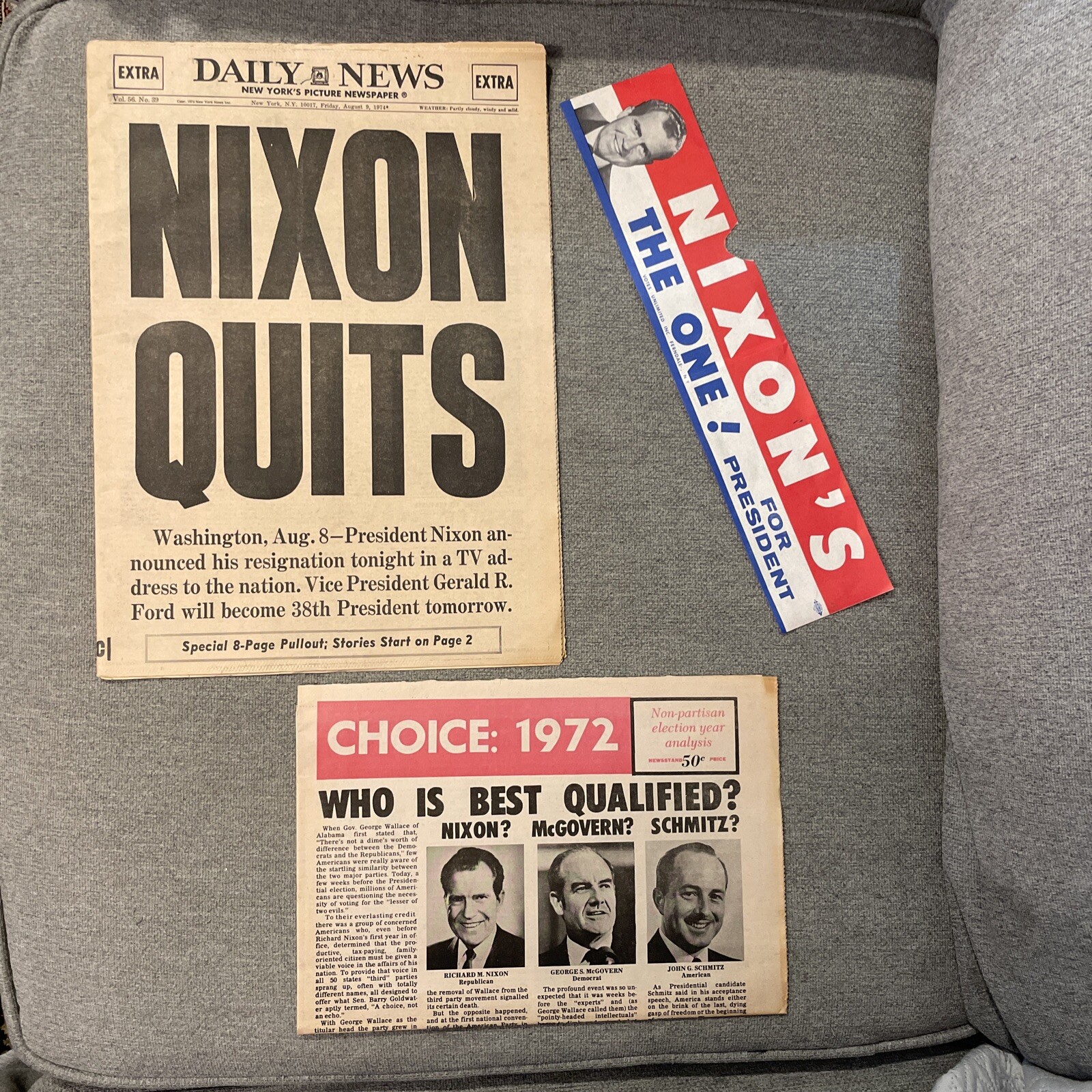 3 Original Nixon President Pieces – Daily News Nixon Quits, Bumper Sticker , +72