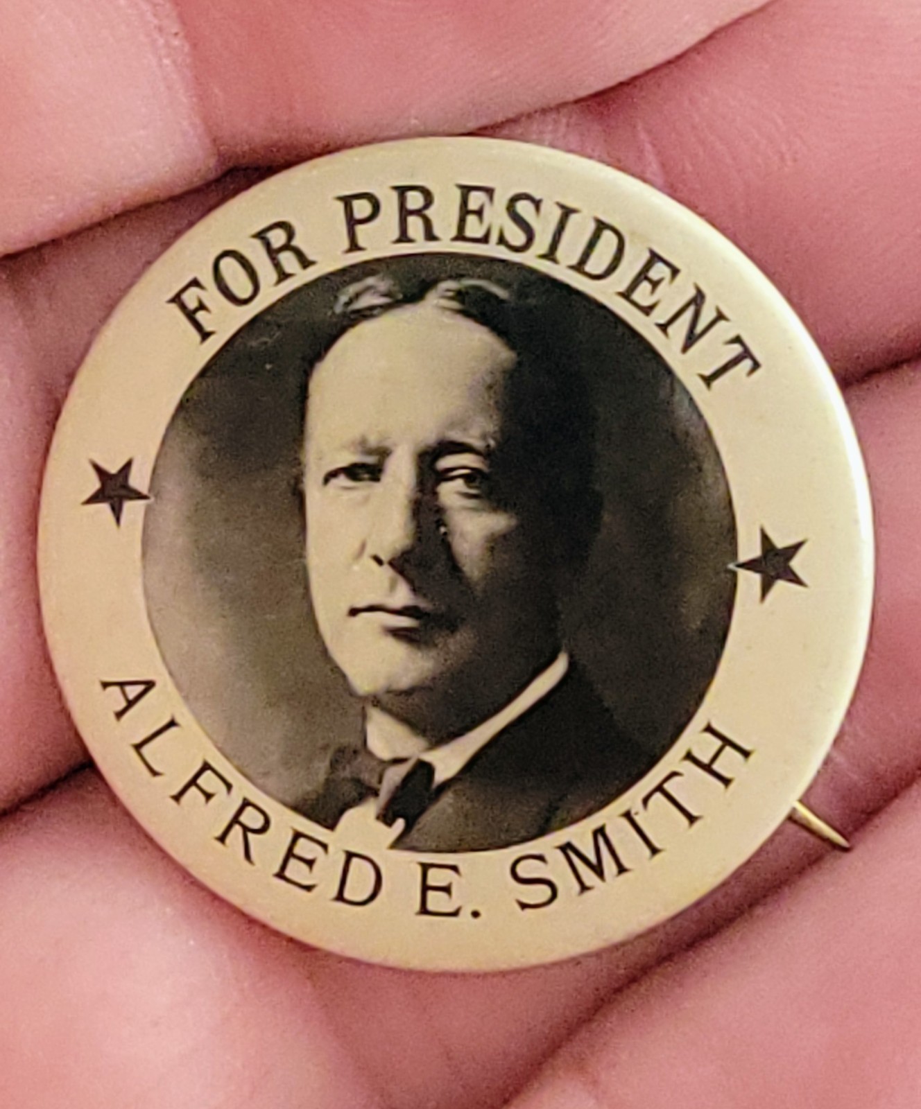 1928 FOR PRESIDENT ALFRED E. SMITH 1 1/4″ CELLO CAMPAIGN BUTTON PIN RARE SUPERB!