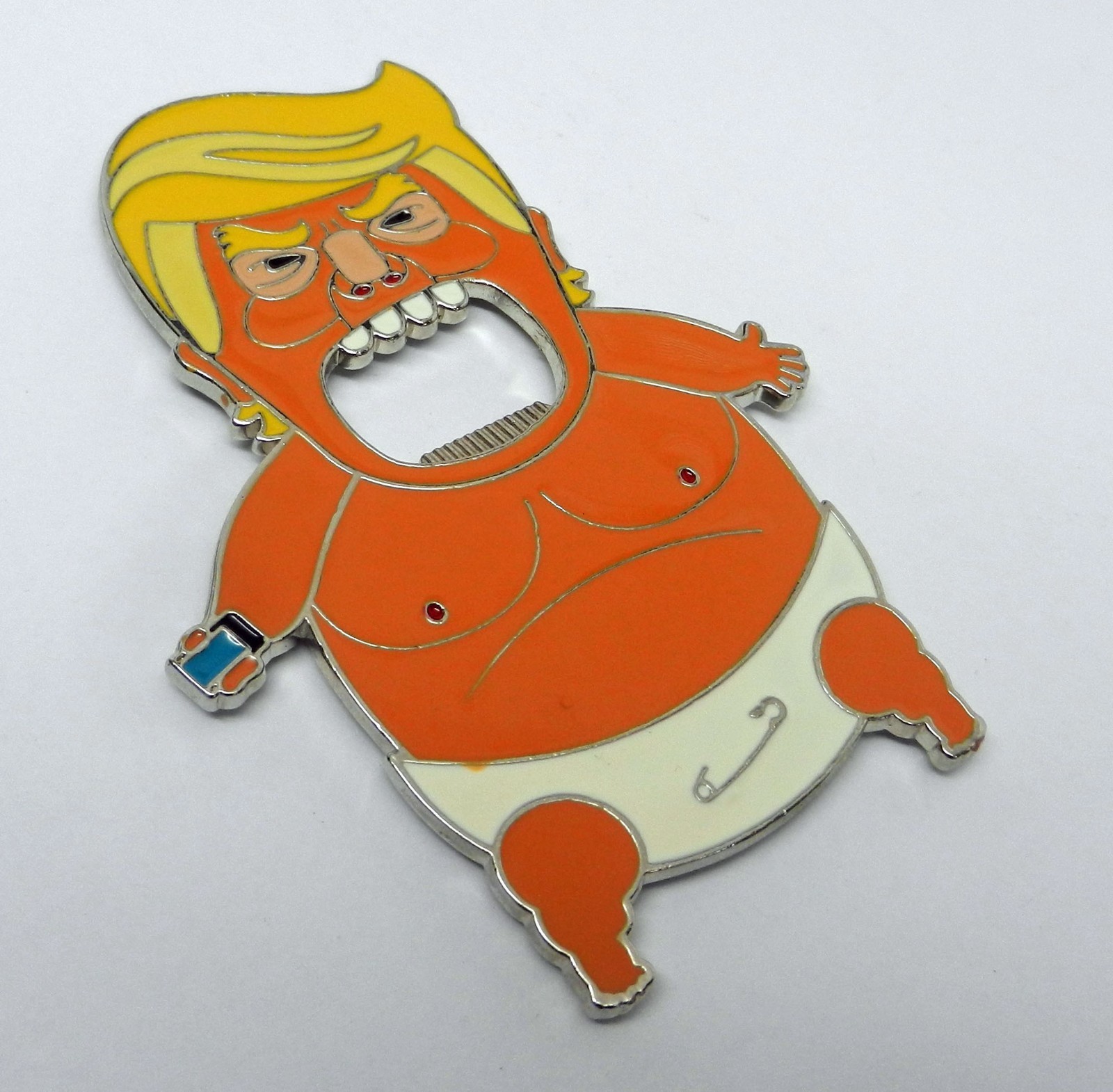 Anti Donald Trump “Baby Trump” in diaper magnetic metal & enamel bottle opener