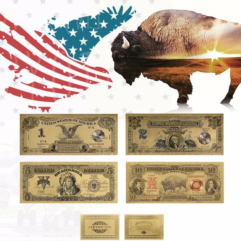 4 collectible, Antique Bank Notes, Gold Foil, 1899 $1, $2, $5 and 1901 $10