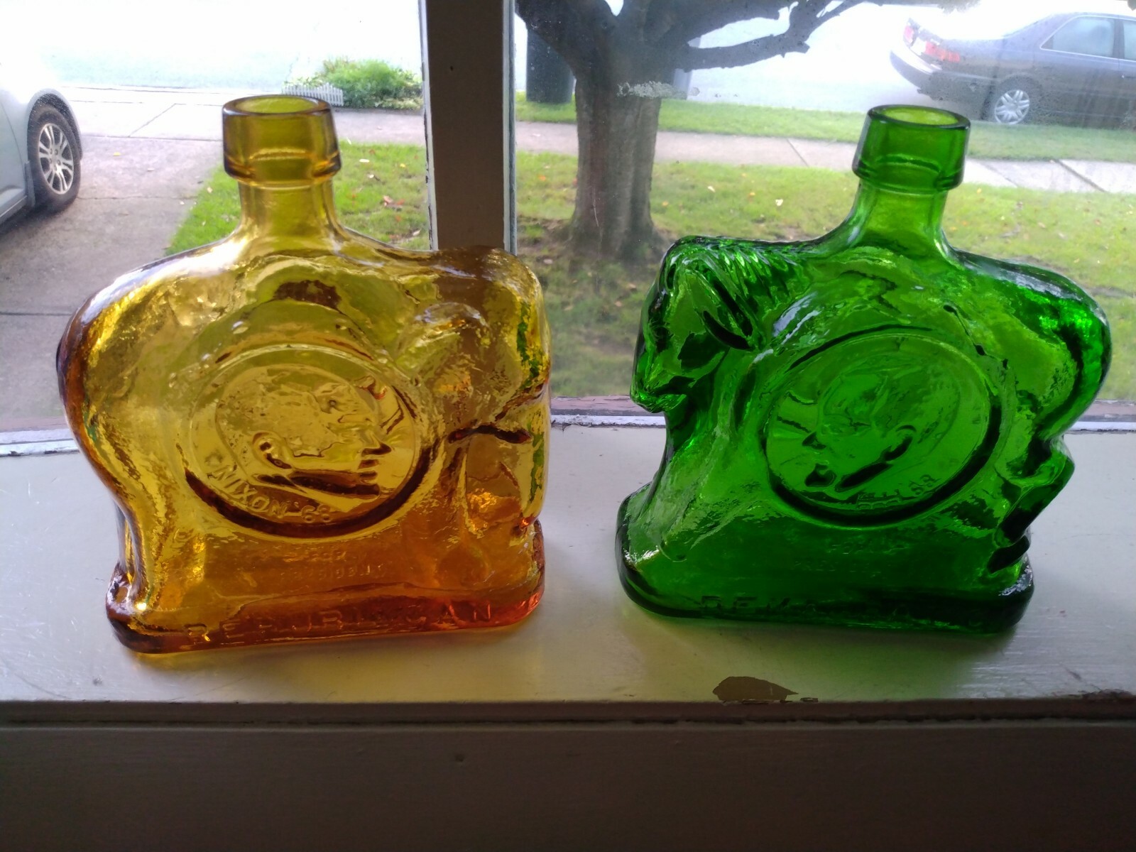 Two 1968 Liquor Bottles glass Nixon Agnew Humphrey Muskie Republican Democratic