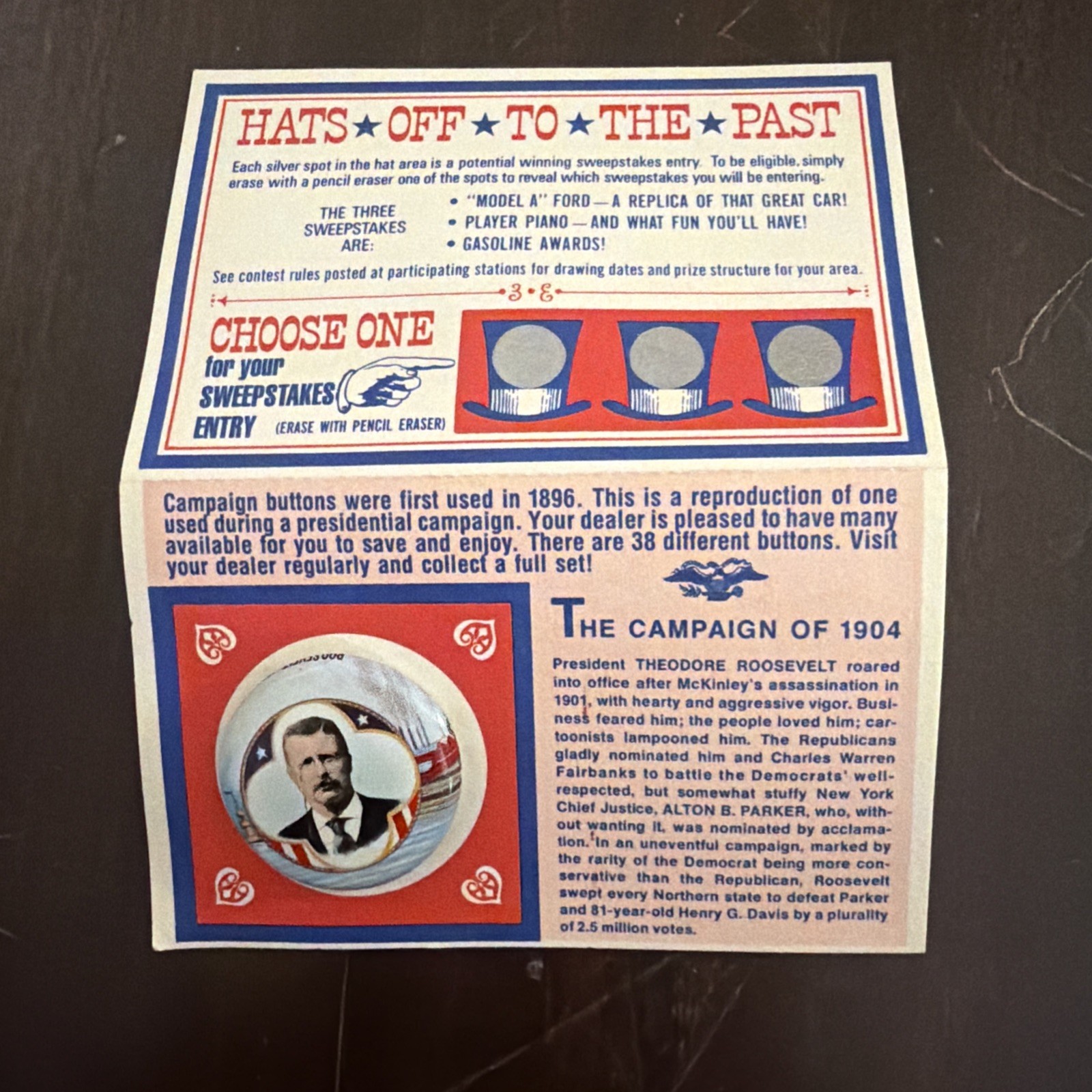 Vintage Hats Off To The Past Campaign of 1904 Roosevelt Pin And Scratch Card