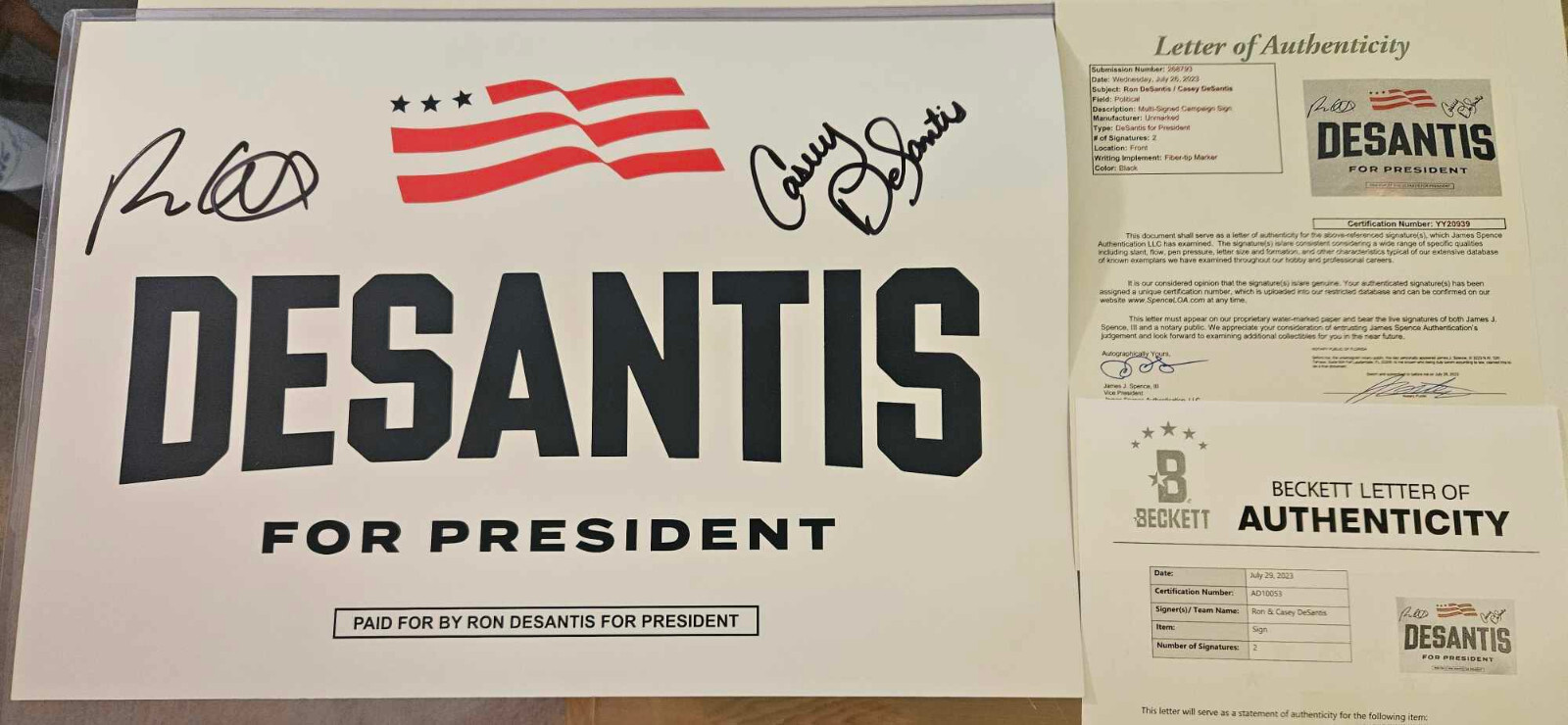 CASEY AND RON DESANTIS SIGNED CAMPAIGN SIGN FLORIDA GOVERNOR JSA BECKETT TRUMP