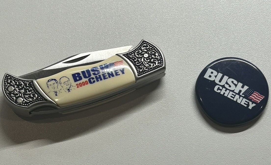 Vtg Bush Cheney 2000 Presidential Campaign Pocket Knife & Button Single Blade SS