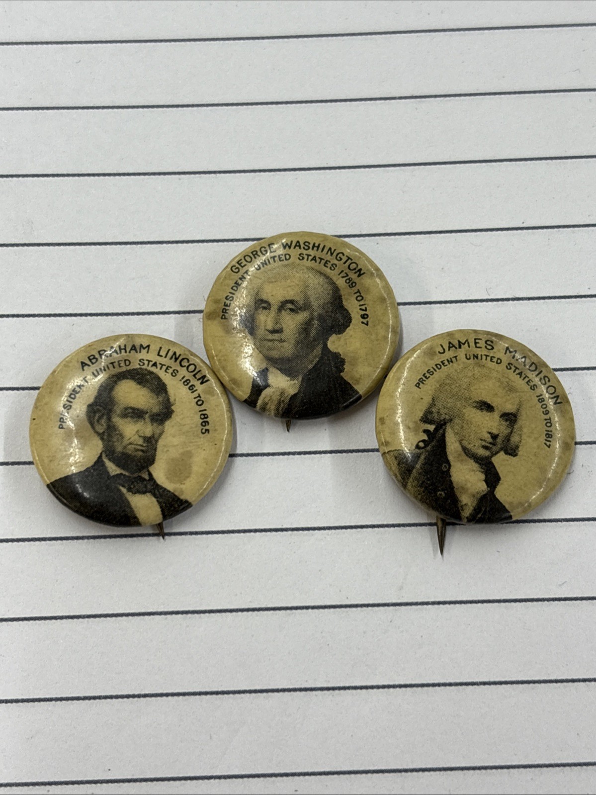 1896 Pin Backs George Washington Abraham Lincoln& James Madison