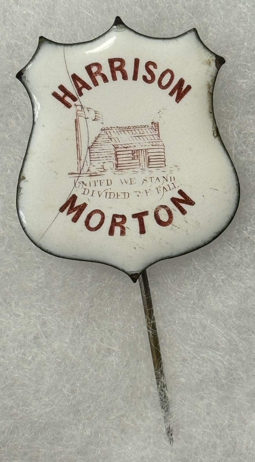 1888 HARRISON-MORTON 1 1/4″ PORCELAIN STICK PIN W/ LOG CABIN-SCARCE & MINT!