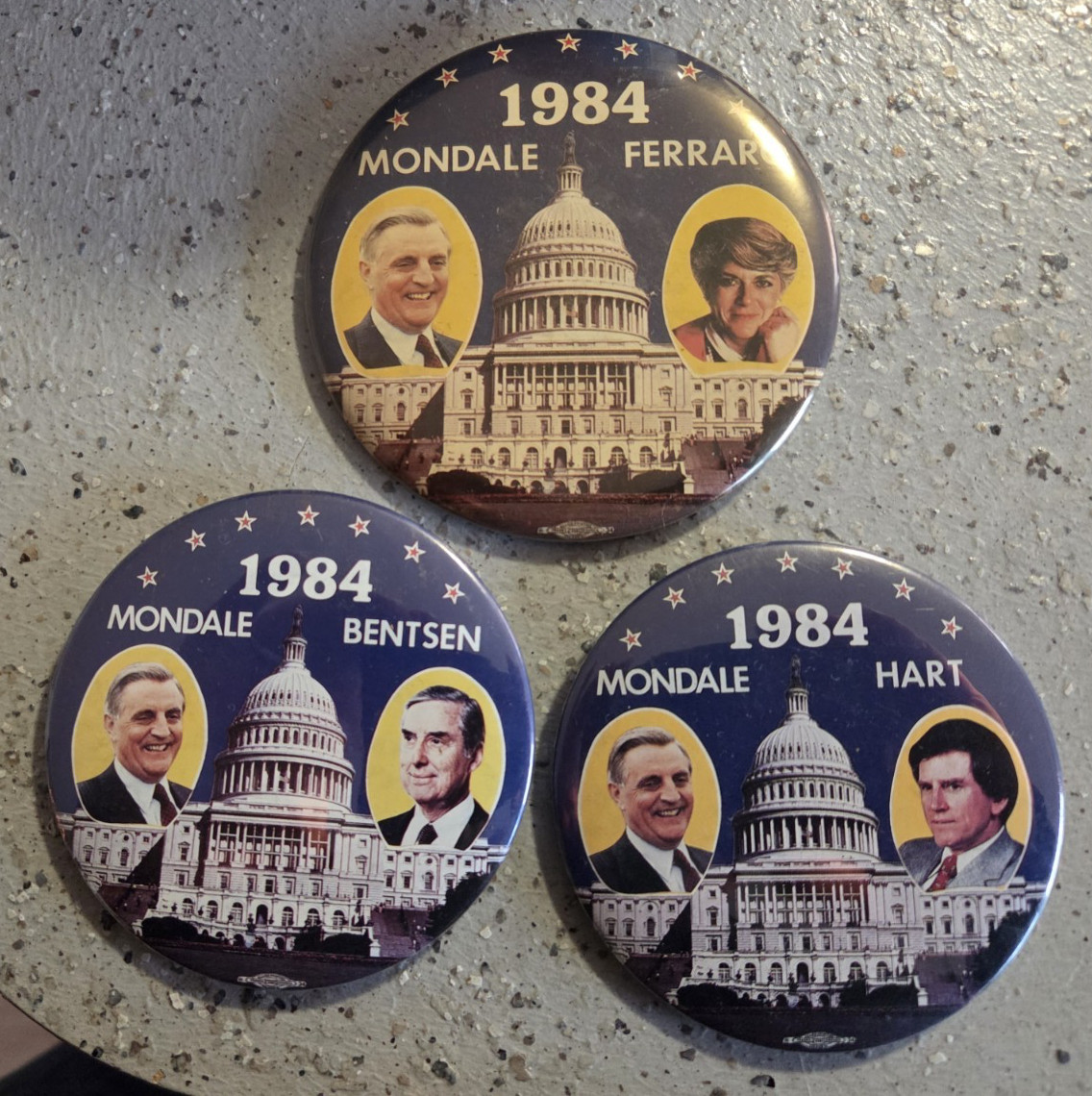 Lot 3 Walter Mondale 1984 VP Hopeful Campaign Pins Buttons Bentsen Hart Ferraro