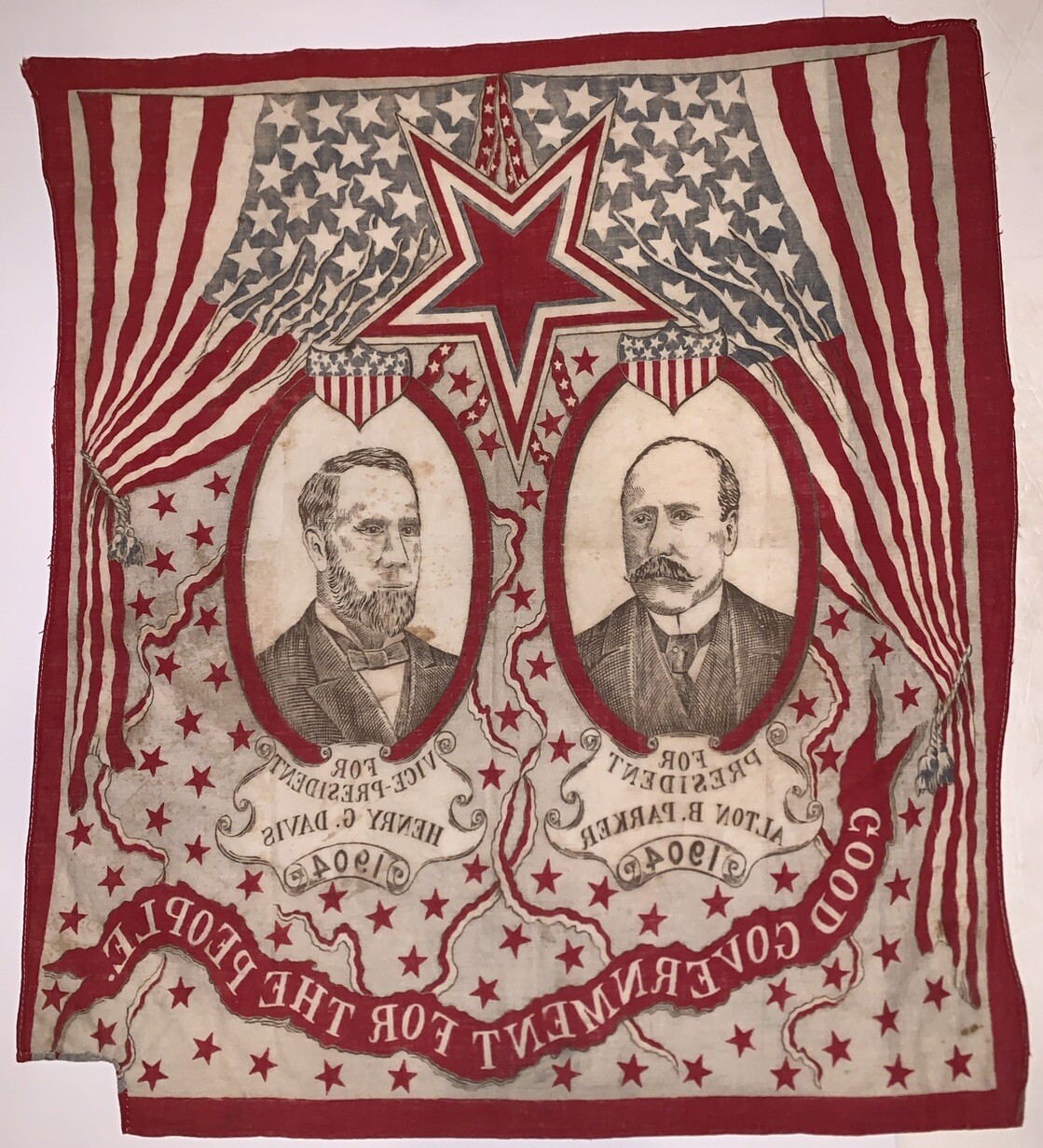 1904, ALTON B. PARKER & HENRY G. DAVIS, PRESIDENTIAL CAMPAIGN BANDANA, 22″ x 24″