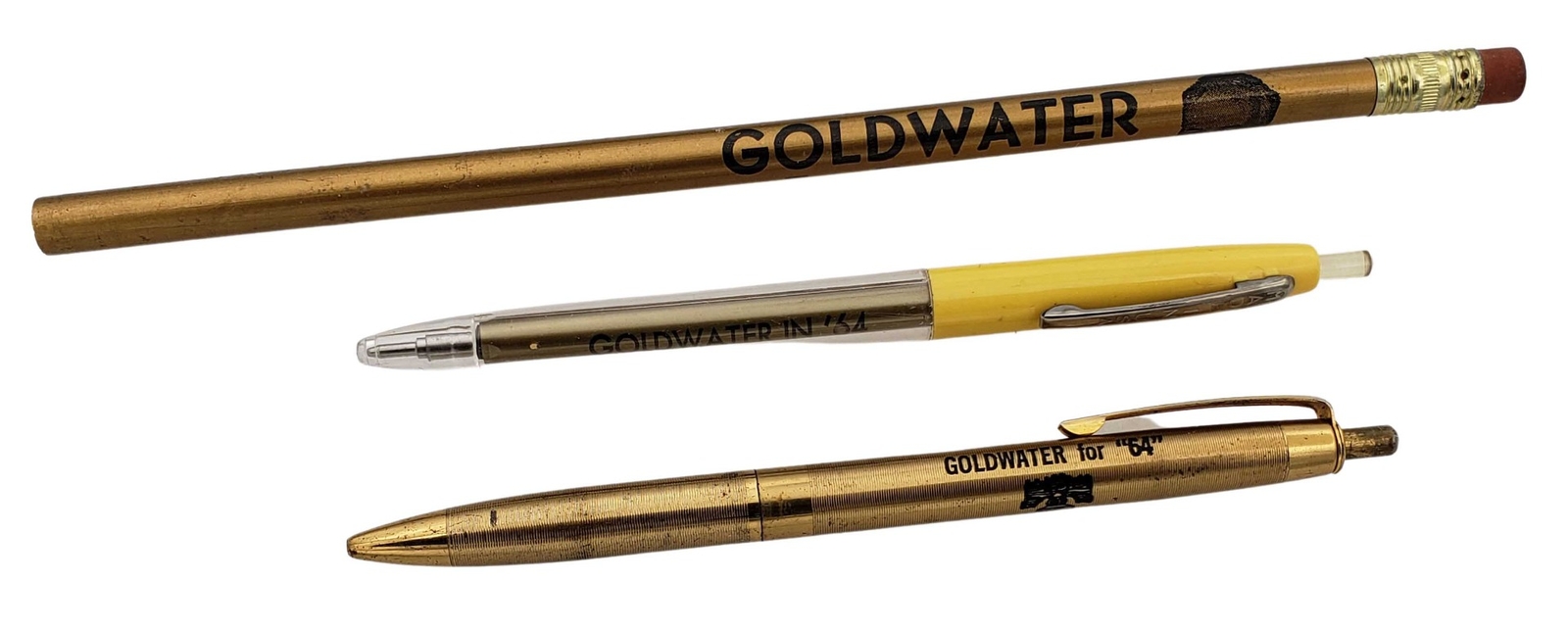 1964 Group of 3 Different Goldwater Campaign Items, 2 Pens & 1 Pencil