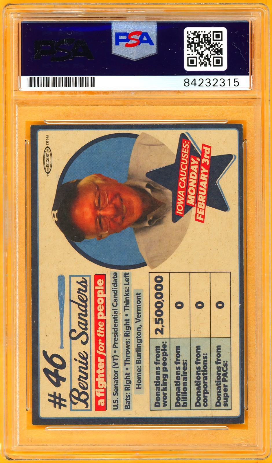 BERNIE SANDERS 2019-20 FIELD OF DREAMS IOWA CAUCUS #46 PSA CERTIFIED AUTO POP: 1