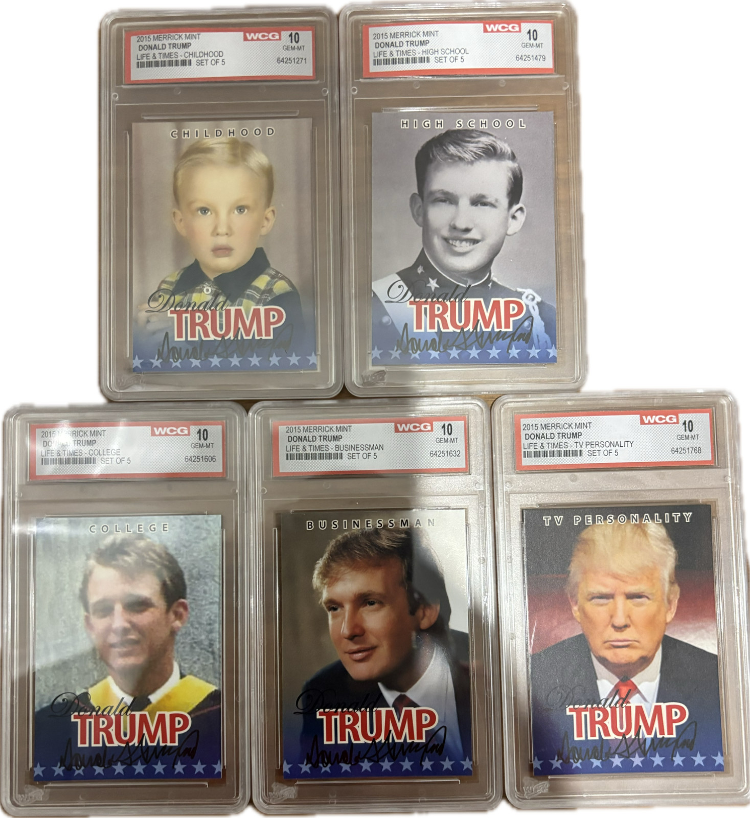 2015 DONALD TRUMP 45th President GENUINE Life & Times 5-Card Set – GEM-MINT 10