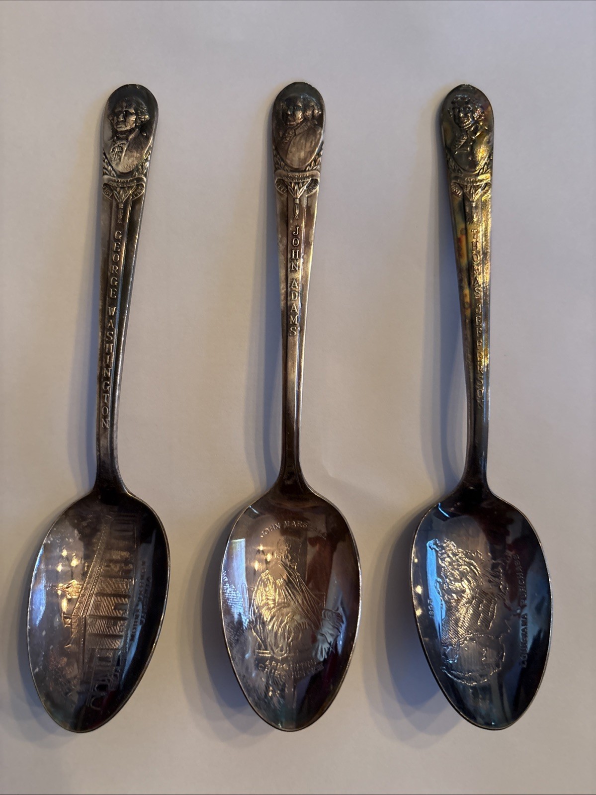 Vintage Presidential Spoon Trio – Washington, Adams, Jefferson – Silverplate Lot