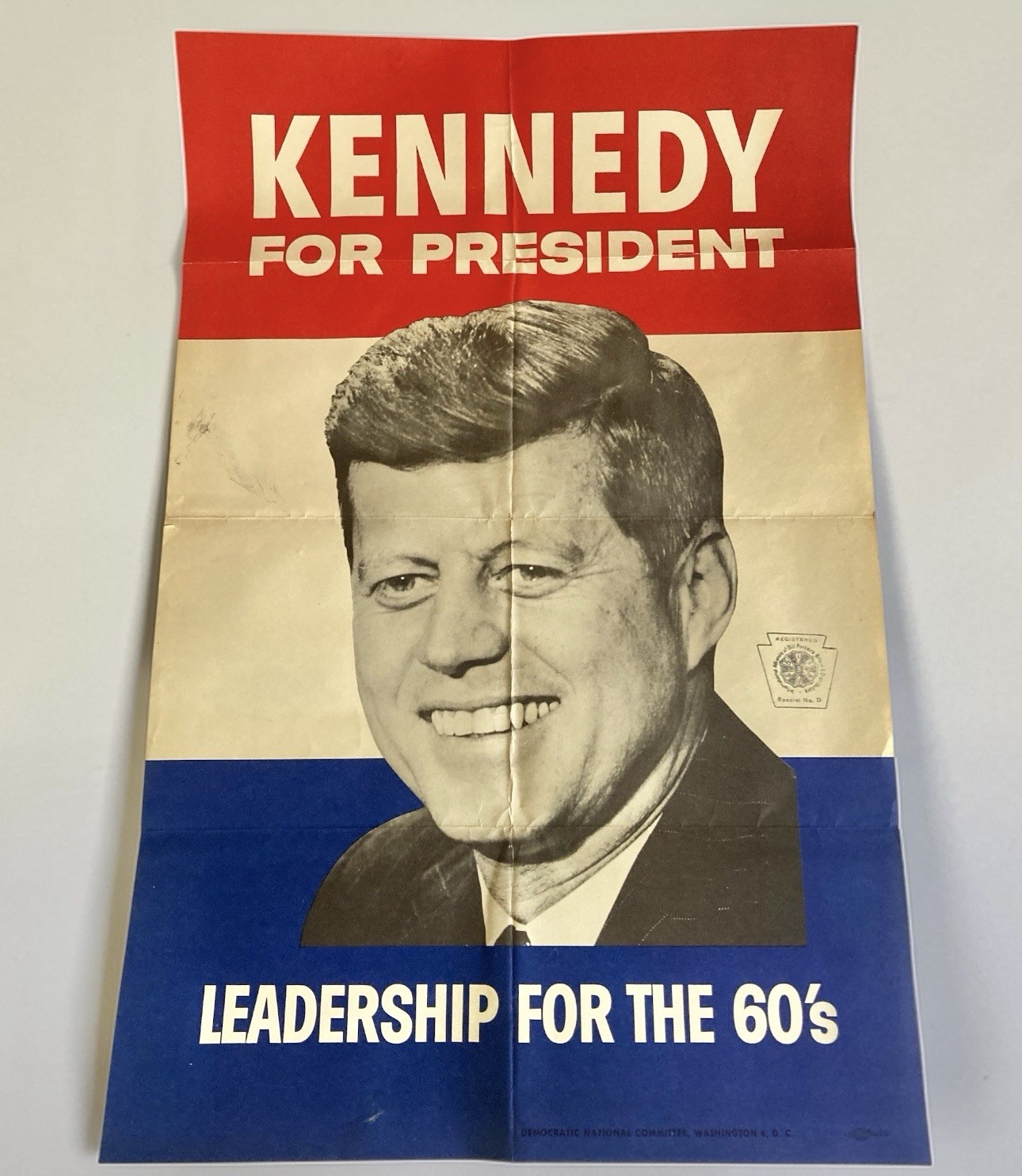 1960 John F Kennedy Leadership For The 60’s Poster Original Campaign Union Stamp