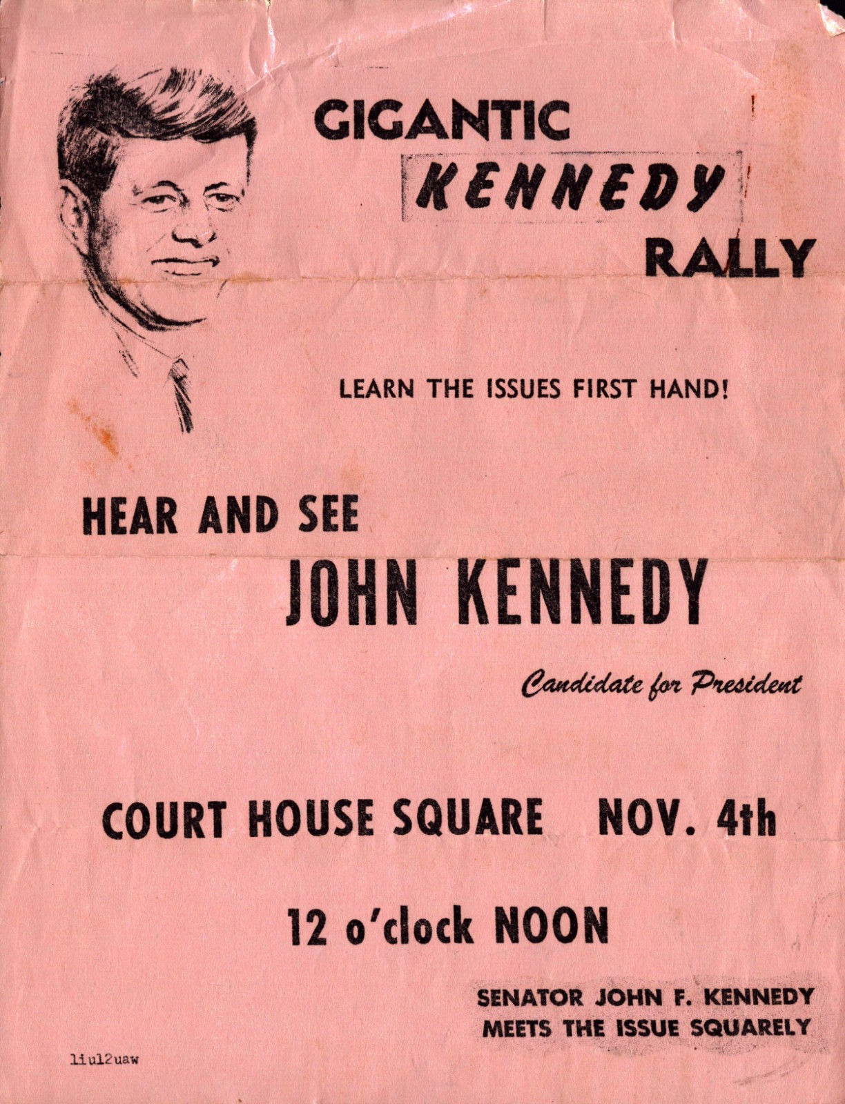 1960 JFK John Kennedy Campaign Rally Handbill Toledo Ohio Nov 4 UAW