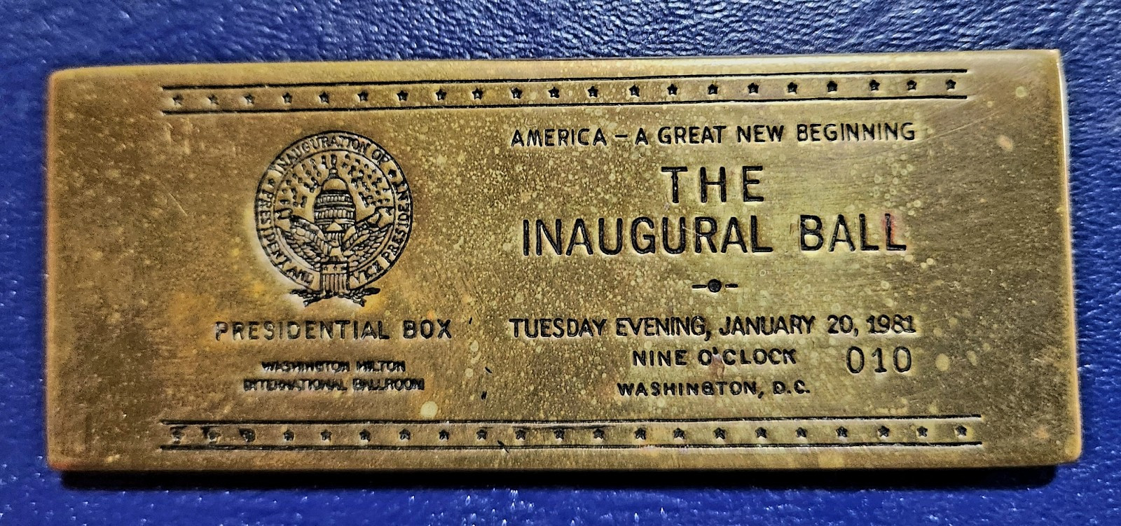 Ronald Reagan 1981-The Inaugural Ball Presidential Box- Bronze Plaque